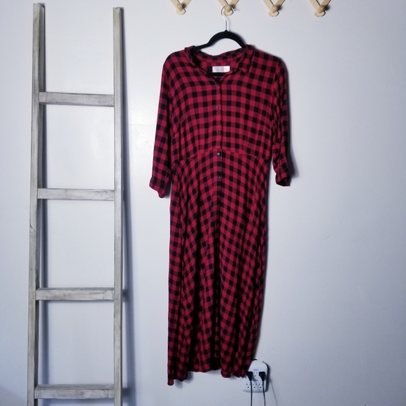 TIME AND TRU RED AND BLACK BUFFALO CHECK MAXI DRESS SIZE MEDIUM (SEE ALL PHOTOS) - Picture 1 of 14